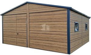 Blechgarage 6x5,8m - 2x Schwingtor - 6x PVC Kippfenster - 2x Tür - Dachrinnen - Metalldachziegel - Winchester - Holzoptik - Satteldach ID983