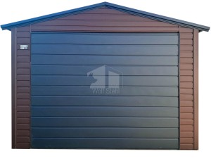 Blechgarage 3,5x5m - Schwingtor - Tür - PVC Kippfenster - Dunkles Braun - Anthrazit - Dachrinnen - Satteldach ID987
