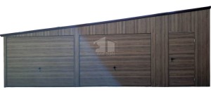 Blechgarage 8x6m - 2x Schwingtor - PVC Kippfenster - Tür - Holzoptik - Dachrinnen - Dach mit Neigung nach links ID989