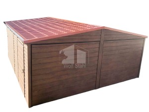 Blechgarage 6m x 6m - 2x Schwingtor + Zusätzliche Tür - Holzoptik - Satteldach GP111