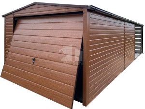 Blechgarage 3,5x5m + Überdachung 3m - Schwingtor - PVC Kippfenster - Holzoptik - Dachrinnen - Satteldach GP572