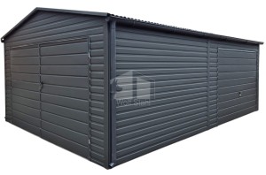 Blechgarage 4,5x6,5m - Schwingtor - Zweiflügeliges Tor - Anthrazit - Dachrinnen - Satteldach GP573