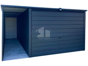 Blechgarage 3x4,5m + Überdachung 1m - Schwingtor - Anthrazit - Flachdach GP579