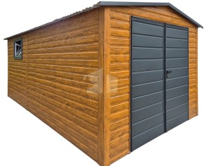 Blechgarage 3x5m - Schwingtor - PVC Kippfenster - Holzoptik - Satteldach GP580
