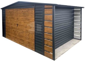 Gartenhaus - Gartenschuppen 4x3m + Überdachung 0,5m - Zweiflügeliges Tor - Holzoptik - Anthrazit - Satteldach | GP603 |