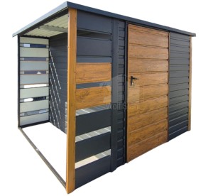 Gartenhaus - Gartenschuppen 2x2m + Überdachung 0,6m - Tür - PVC Kippfenster - Holzoptik - Anthrazit - Flachdach GP606