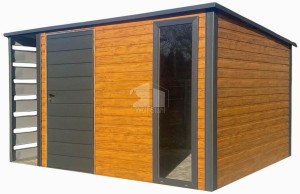 Gartenhaus - Gartenschuppen 3,5x3m + Überdachung 0,7m - Tür - PVC Kippfenster - Holzoptik - Anthrazit - Flachdach GP607
