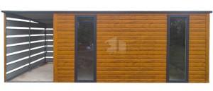 Gartenhaus - Gartenschuppen 4x2,5m + Überdachung 1,5m - Tür - 2x PVC fenster - Holzoptik - Flachdach GP614