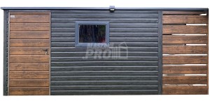 Gartenhaus - Gartenschuppen 4x3m + Überdachung 1m - PVC Kippfenster - Holzoptik - Norwegische Kiefer - Flachdach GP622 