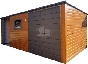 Gartenhaus - Gartenschuppen 4,5x2,5m + Überdachung 2m - Zweiflügeliges Tor - PVC Kippfenster - Holzoptik - Flachdach ID1001 
