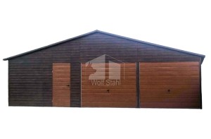 Blechgarage 10x5m 2x Schwingtor + Zusätzliche Tür - Holzoptik - Satteldach GP144