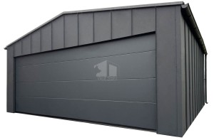 Premium Blechgarage 6x5,8m Stehfalzblech - Sektionaltor - Tür - 2x PVC Kippfenster - Dachrinnen - Satteldach GP648
