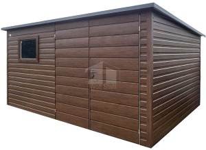 Gartenhaus - Gartenschuppen 4x2,5m Schwingtor - PVC Kippfenster - Dunkles Nussbaum - Holzoptik - Flachdach | ID1060 |