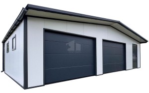 Gedämmte Garage aus Sandwichpaneelen 10×5,5 m – 2× Sektionaltor – 4× Kippfenster – Dachrinnen – Tür – Satteldach PRO100