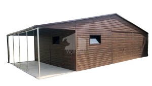  Blechgarage 9x6m + Überdachung 3m x 6m - Holzoptik -  Satteldach GP135