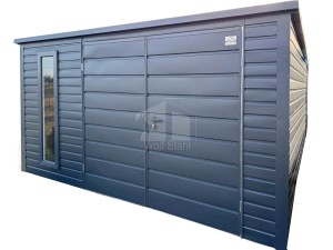 Gartenhaus Schuppen 3,5x4m + Überdachung 0,5m - Zweiflügeliges Tor - PVC Kippfenster - Anthrazit - Dachrinnen - Flachdach ID1074