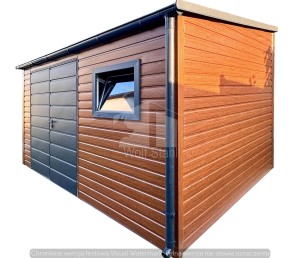 Gartenhaus - Gartenschuppen 4x2,5m - Zweiflügeliges Tor - PVC Kippfenster - Goldene Eiche - Holzoptik - Dachrinnen - Dach: Gefälle nach vorne ID1076