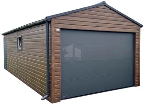 Blechgarage 3,7x6 - Sektionaltor - Tür - PVC Kippfenster - Dunkles Nussbaum - Holzoptik - Dachrinnen - Satteldach ID1098