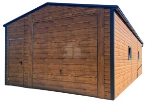 Blechgarage 5x6m - Schwingtor - Tür - 2x PVC Kippfenster - Helles Nussbaum - Holzoptik - Dachrinnen - Satteldach ID1100