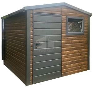 Gartenhaus Schuppen 2,5x2,5m - Tür - PVC Kippfenster - Dunkles Nussbaum - Holzoptik - Dachrinnen - Satteldach GP689