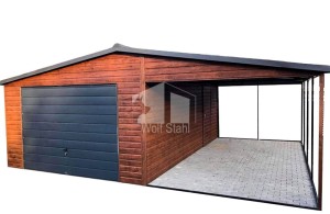 Blechgarage 5x6m -Schwingtor + Überdachung   3m x 6m Holzoptik - Satteldach GP88