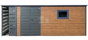 Gartenhaus Schuppen 5,5x3 + Überdachung 1m - Zweiflügeliges Tor - PVC Fenster - Dunkles Walnussholz - Holzoptik - Flachdach TS1294