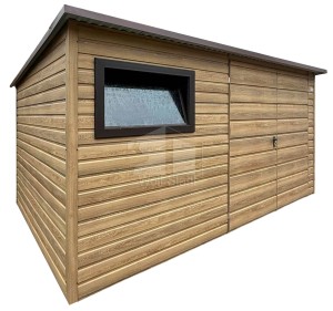 Gartenhaus Schuppen 4x3m - Zweiflügeliges Tor - PVC Fenster - Winchester - Holzoptik - Flachdach ID1227
