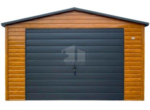 Blechgarage 5x6m - Schwingtor - Tür - PVC Fenster - Helles Walnussholz  - Holzoptik - Holzoptik - Dachrinnen - Satteldach ID1244