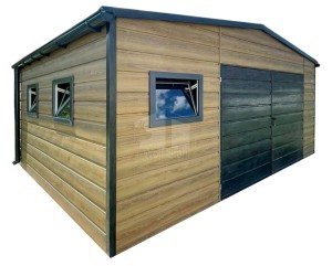 Blechgarage 6x5m - Zweiflügeliges Tor - 3x PVC Fenster - winchester - Holzoptik - Dachrinnen - Satteldach ID1246