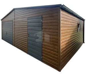 Blechgarage 8x5 m - Schwingtor - Tür - PVC Fenster - Dunkles Walnussholz - Holzoptik  - Anthrazit - Dachrinnen - Satteldach ID1253