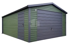  Blechgarage 5x6 m - Schwingtor - Tür - Grün - Anthrazit - Dachrinnen - Satteldach ID1260