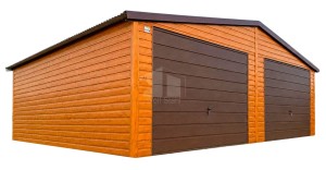 Blechgarage 7,5x6m - 2x Schwingtor - Helles Walnussholz - Dunkles Walnussholz - Holzoptik - Satteldach ID1263