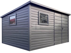Gartenhaus Schuppen 4x3 m - Zweiflügeliges Tor - 2 x PVC Kippfenster - Anthrazit - Dachrinnen - Flachdach ID1276