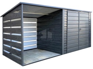 Gartenhaus Schuppen 2,5x2 m + Überdachung 2x2m - Zweiflügeliges Tor - Norwegische Kiefer - Holzoptik - Anthrazit -  Flachdach GP728