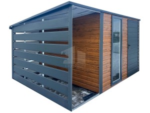Gartenhaus Schuppen 2,5x3 m + Überdachung 1m - Tür - PVC Kippfenster - Helles Walnussholz - Holzoptik - Anthrazit - Flachdach GP729