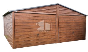  Blechgarage 6x5m Horizontal Blech -  Holzoptik - 2x Schwingtor - Dunkles Walnussholz ID78